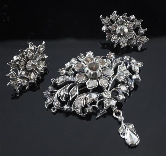 A 19th century silver and rose cut diamond set demi-parure, brooch incl. drop 2.25in.